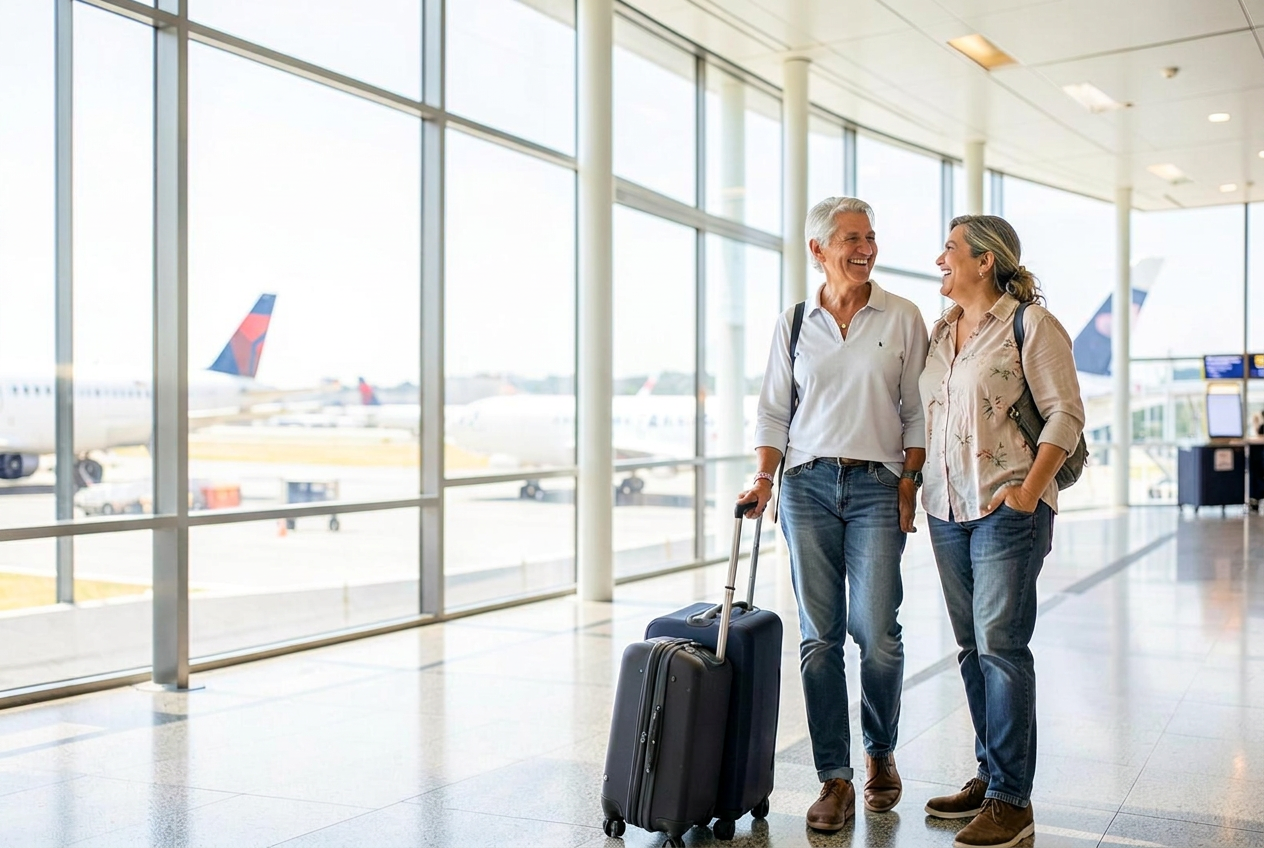 Casal viajando com tranquilidade em um aeroporto